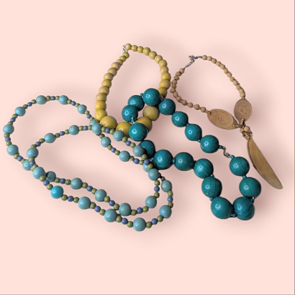 Lot of Four Real Wood Bead Artisan Necklaces